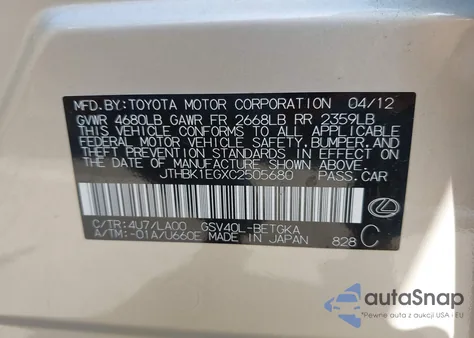 2012 Lexus Es 350 from USA, damaged, VIN JTHBK1EGXC2505680